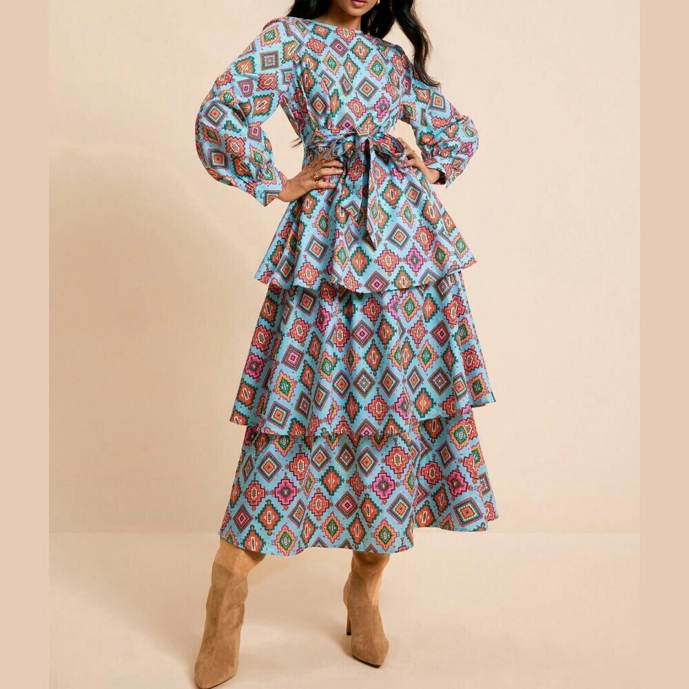 Turquoise Blue Aztec Print Tiered Ruffle Long Sleeve Belted Maxi Dress